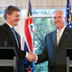 Secretary of State Rex Tillerson shakes hands with Prime Minister Bill English during a press conference at Premier House on June 6, 2017 in Wellington, New Zealand. (Photo by Hagen Hopkins/Getty Images)